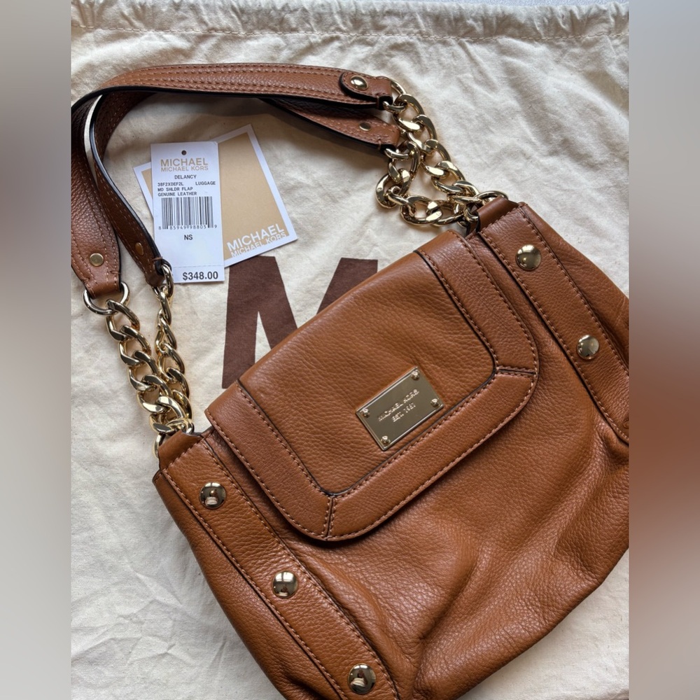 Michael Kors Delancy Leather Flap Shoulder Bag with Gold Accents with Dust Bag